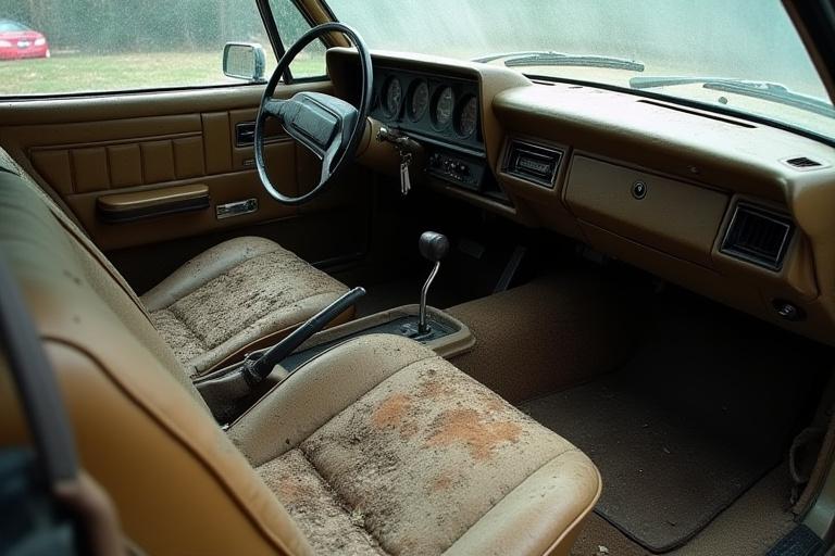 Photo avant: intérieur de voiture sale et négligé.