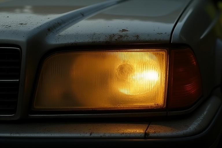 Photo avant: phare de voiture opaque et jauni.