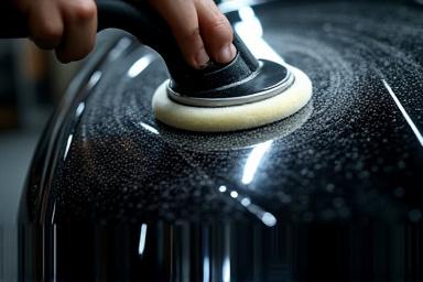 Polisseuse professionnelle en action sur une carrosserie noire.